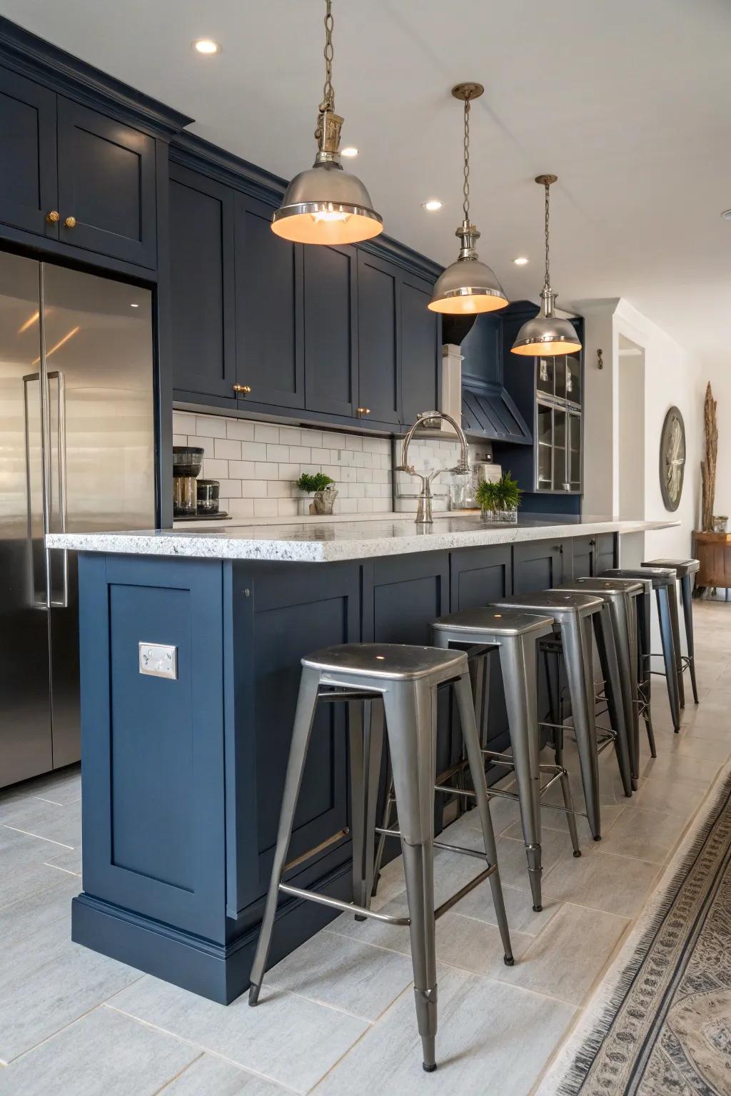 Urban elements enhance the modern edge of deep sea-inspired kitchen designs.