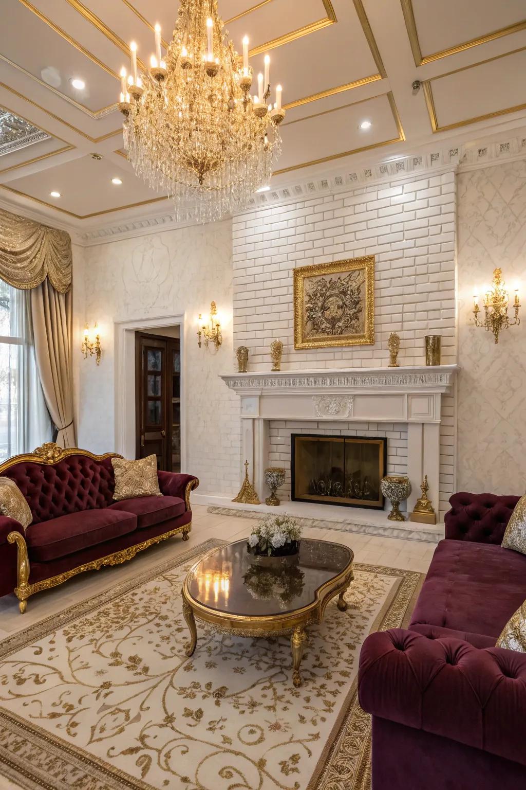 Gold accents adding luxury to a painted brick fireplace.