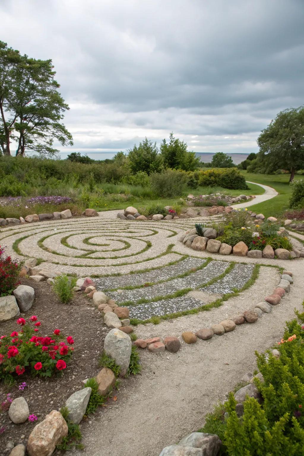 A rock labyrinth offers a path for meditation and reflection.