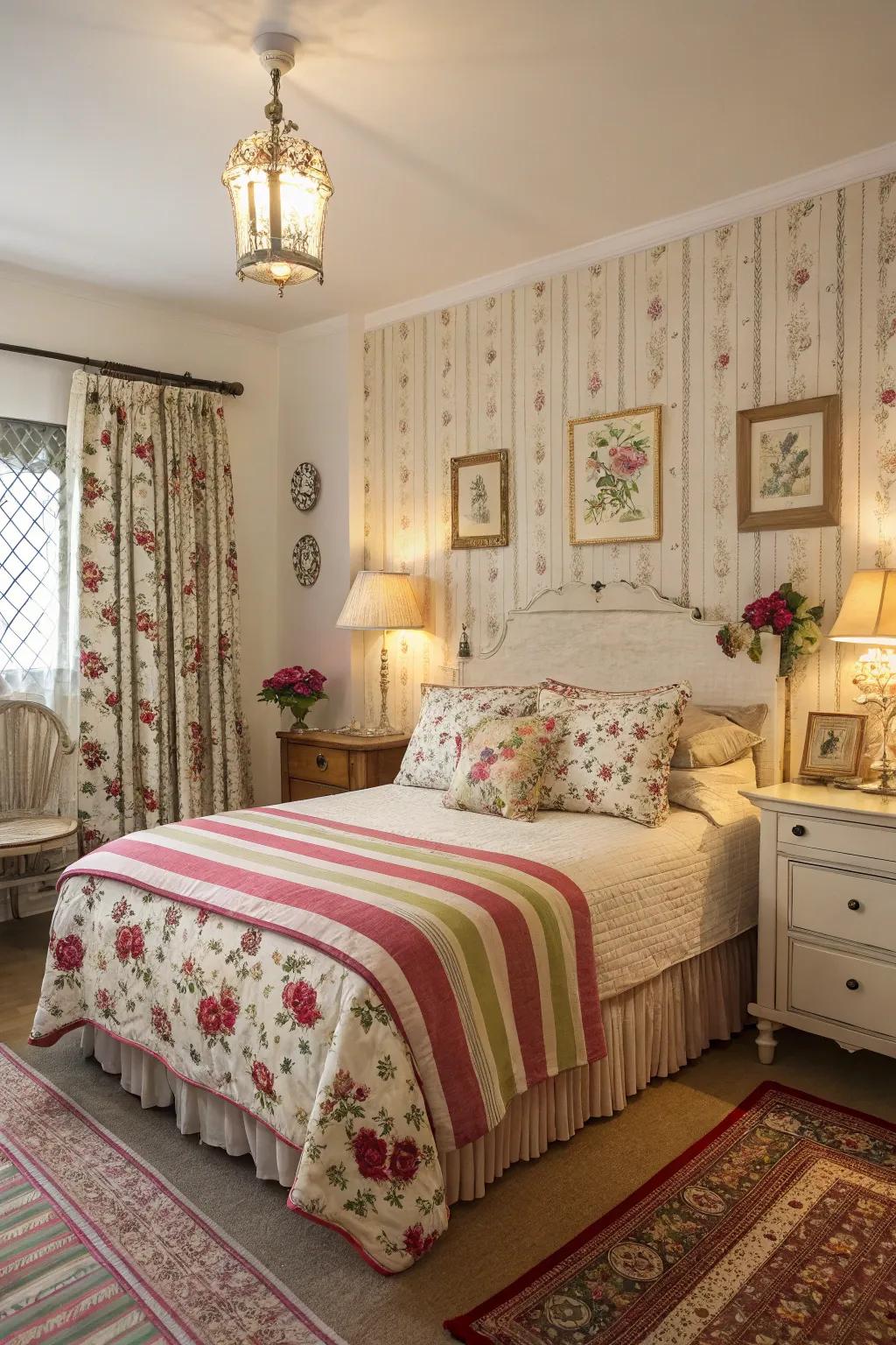 Mixing patterns adds depth and a playful touch to a modern shabby chic bedroom.