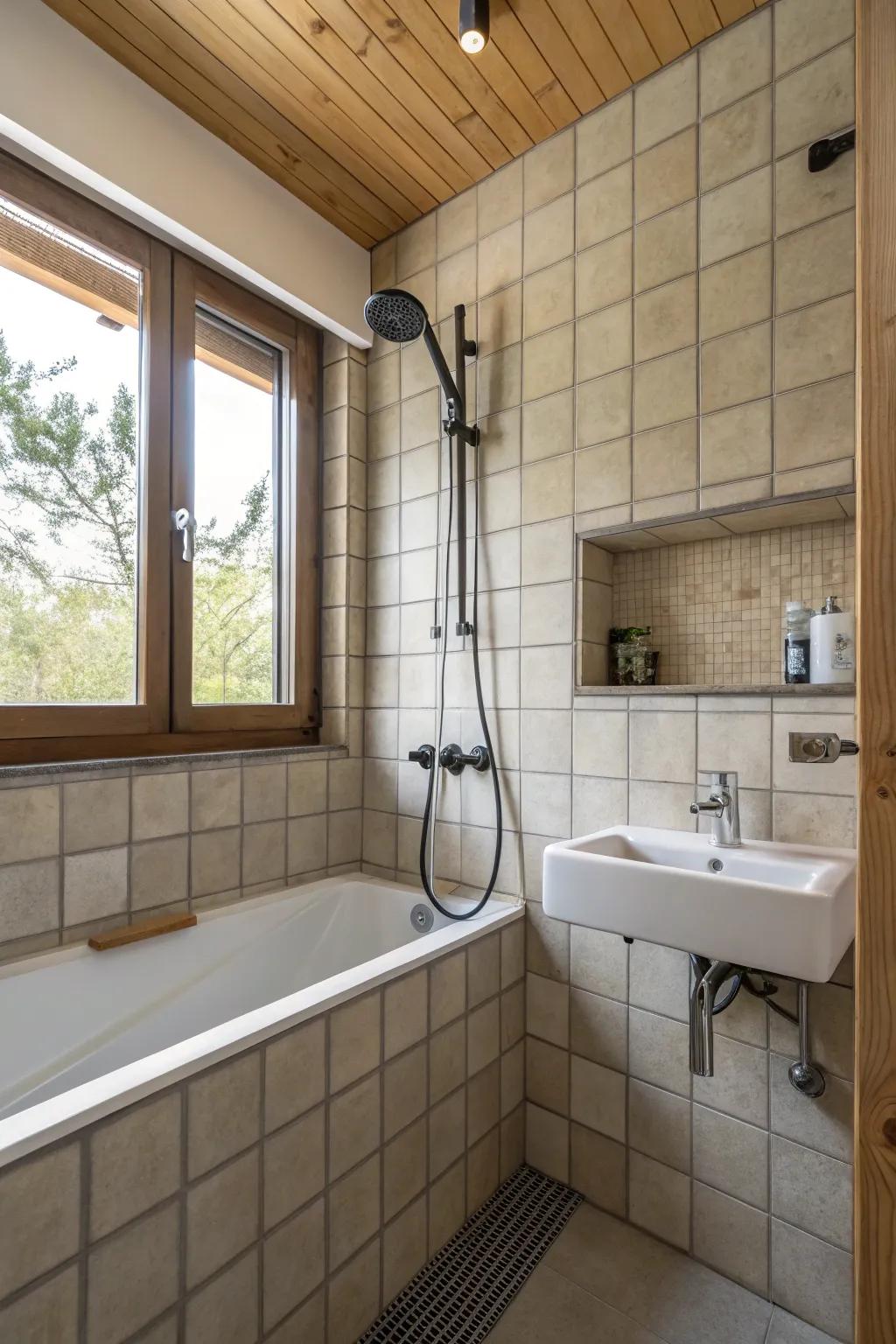 Wall-mounted faucets free up space in this small bathroom.