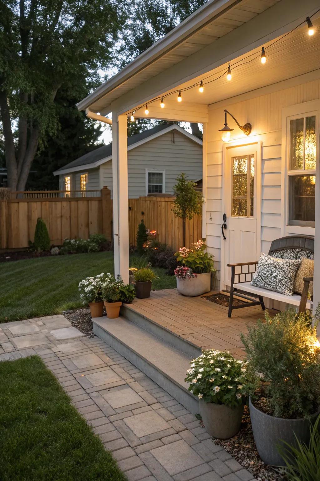 A compact front porch with modern smart lighting for enhanced ambiance.