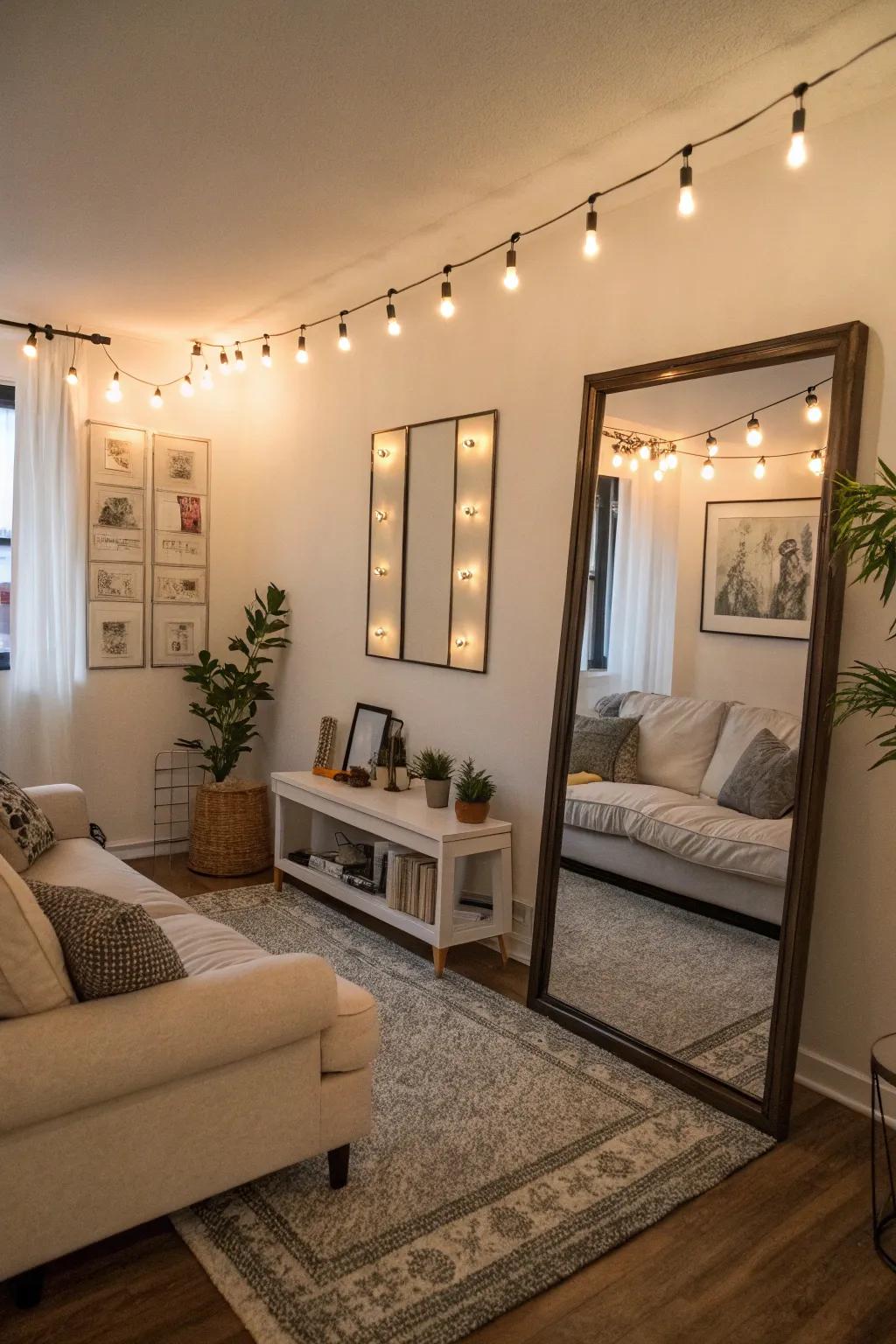 A small living room using mirrors to reflect light and make the room appear bigger.