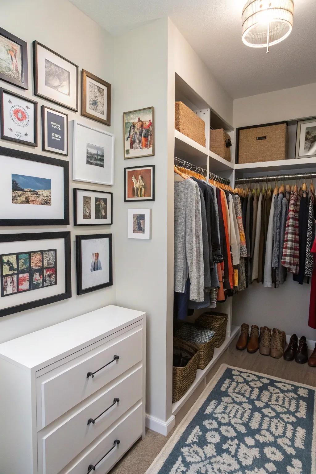 A gallery wall personalizes your closet space.