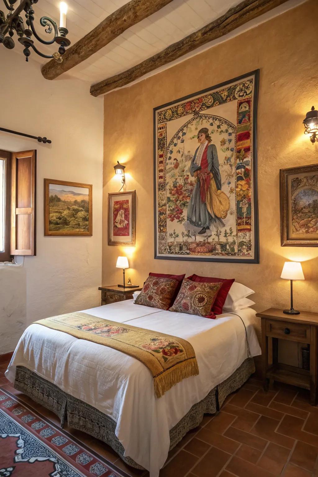 Traditional Spanish artwork contributes cultural depth to a modern Spanish bedroom.