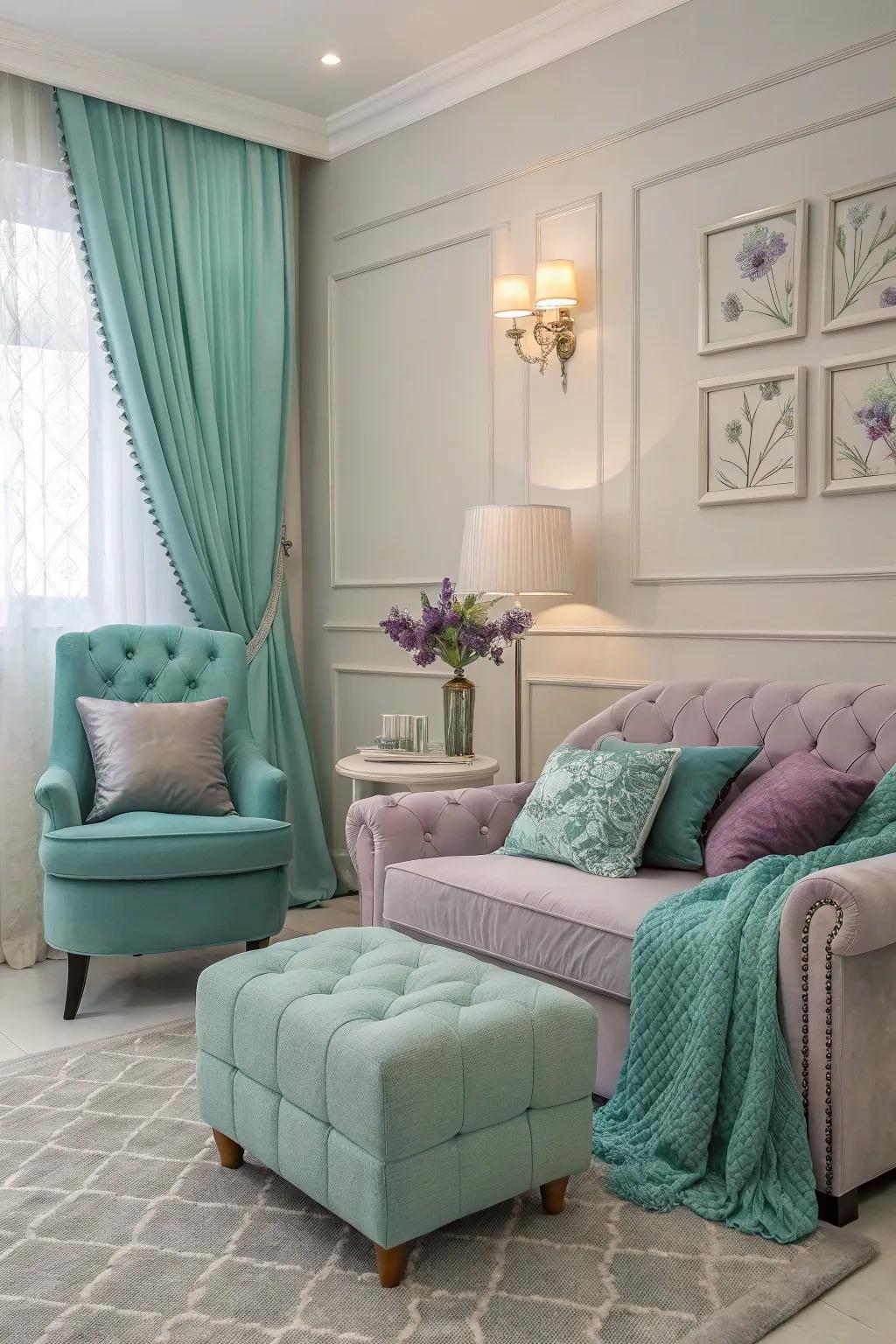 Soft lilac adds serenity to a teal and gray living room.