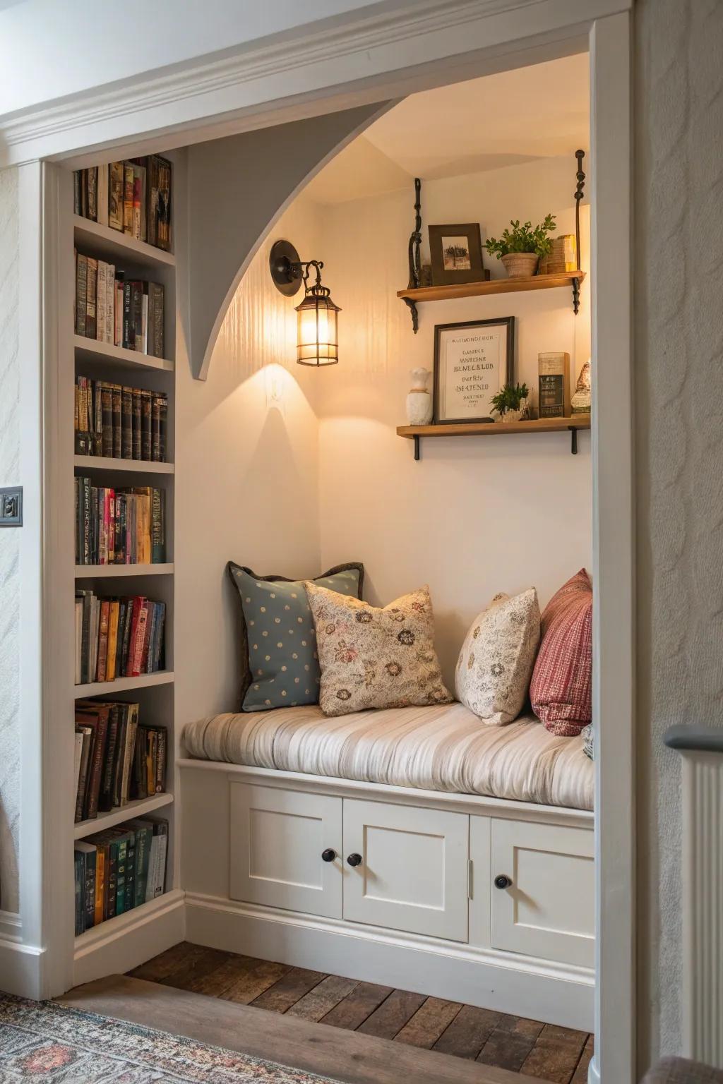 A wall niche is now a cozy spot for reading with comfy pillows and books.