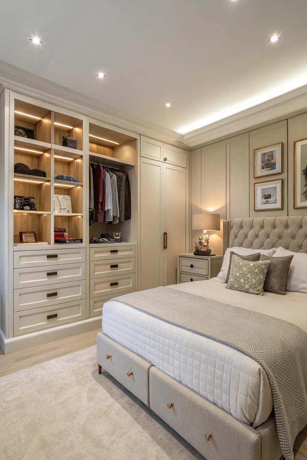 A bedroom with cleverly integrated storage solutions.