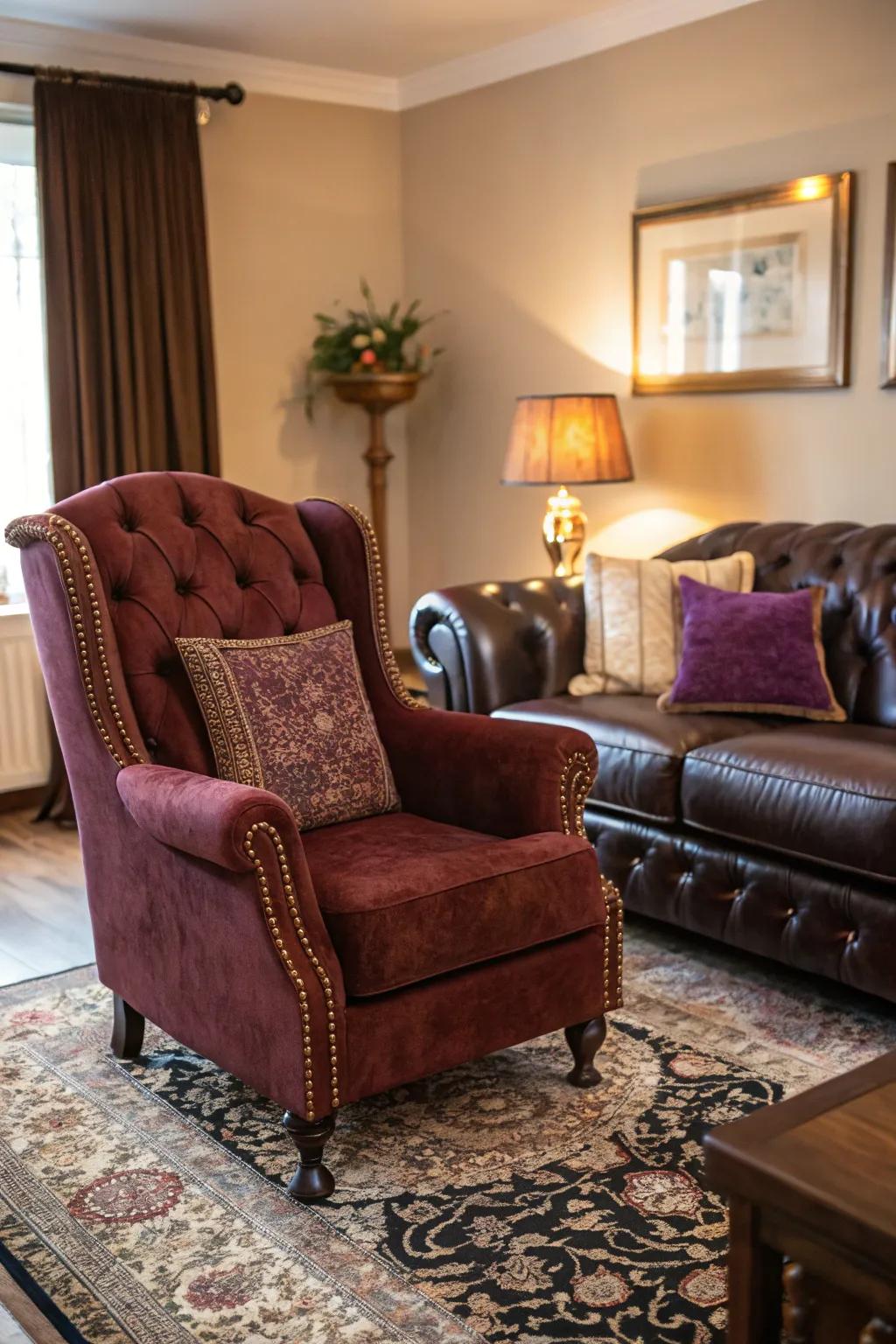 Opulent furniture enhancing an atmospheric living space.