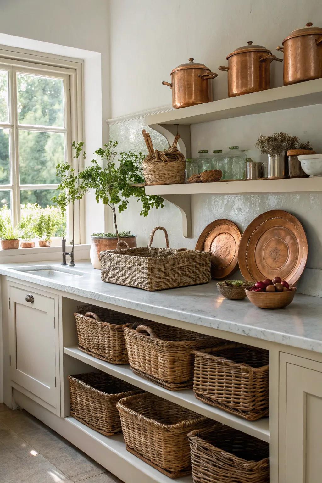 Functional decor adds warmth and practicality to the kitchen space.