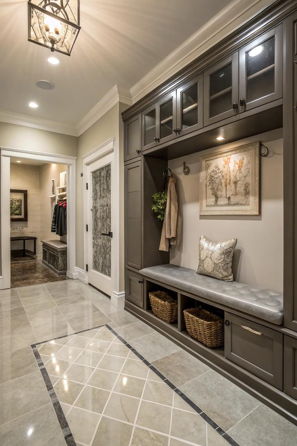 Sophisticated stone tiles in an elegant mudroom