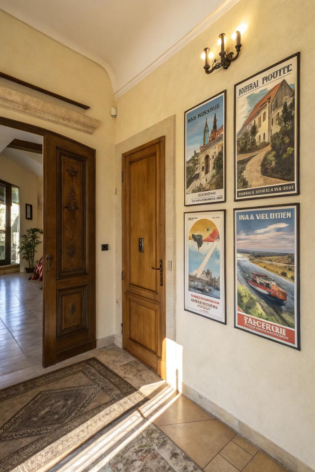 Classic travel posters seen on numerous canvases, that provides classic charm to the entry way.