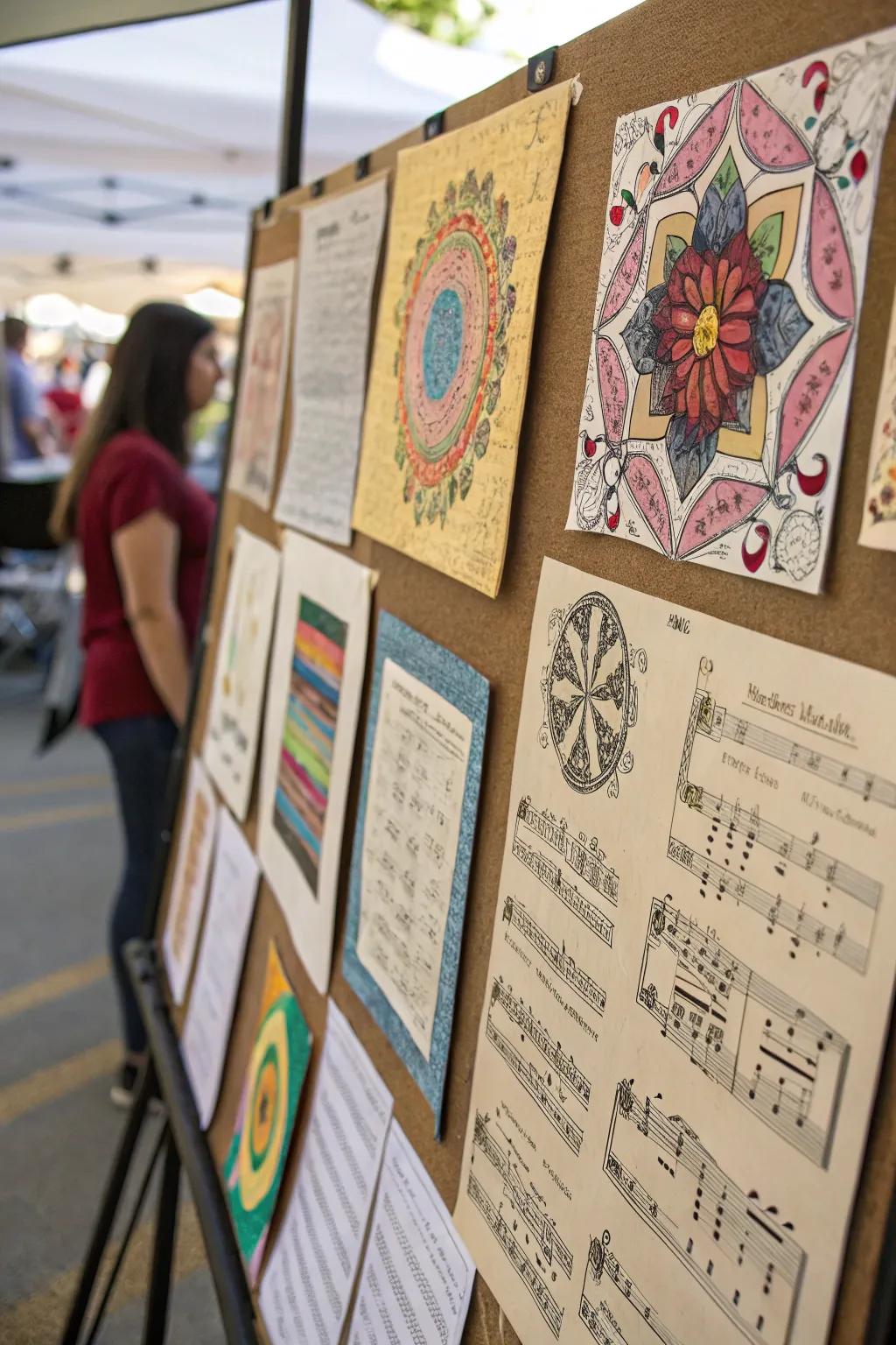 Artistic display board with creative uses of old music sheets.