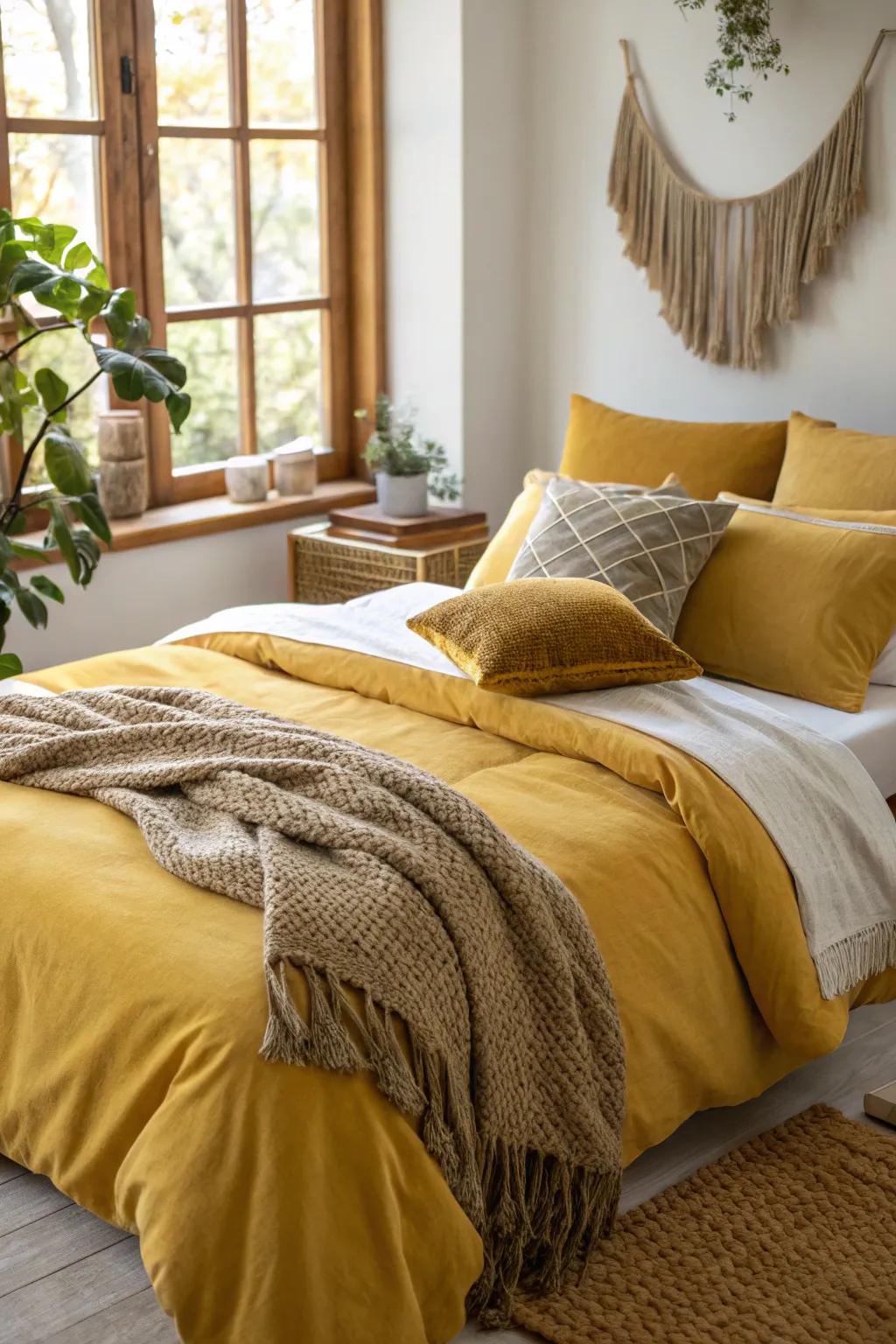 A bedroom rich in texture and warmth, featuring goldenrod bedding.