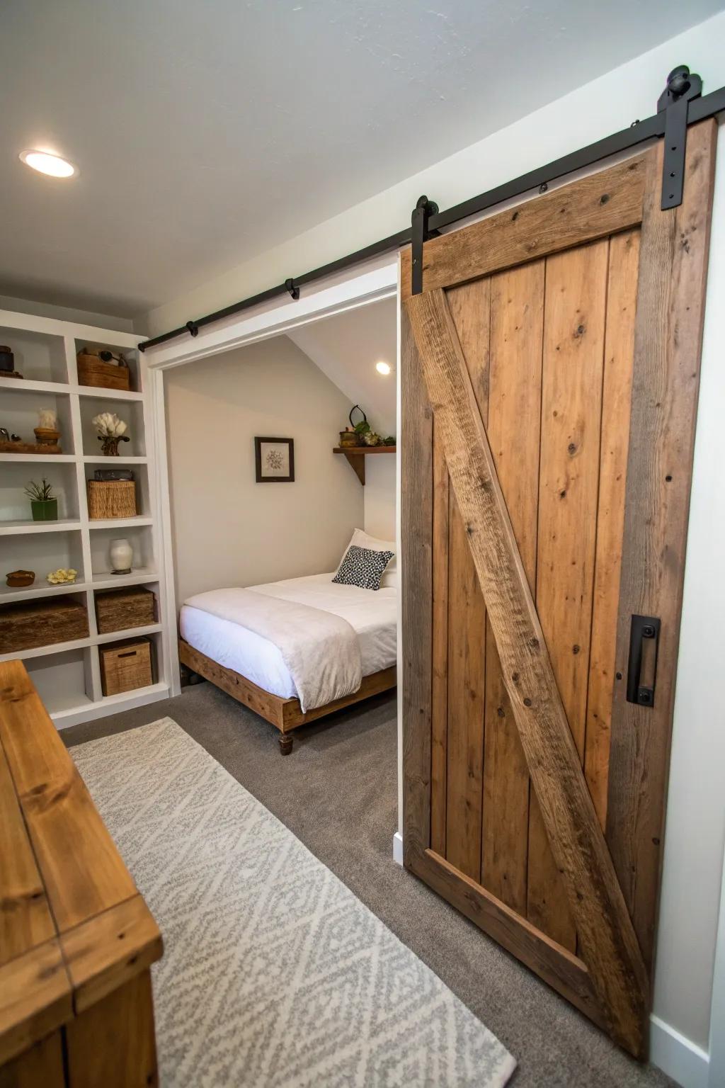 Sliding entrances conserving space within a slender bedroom.