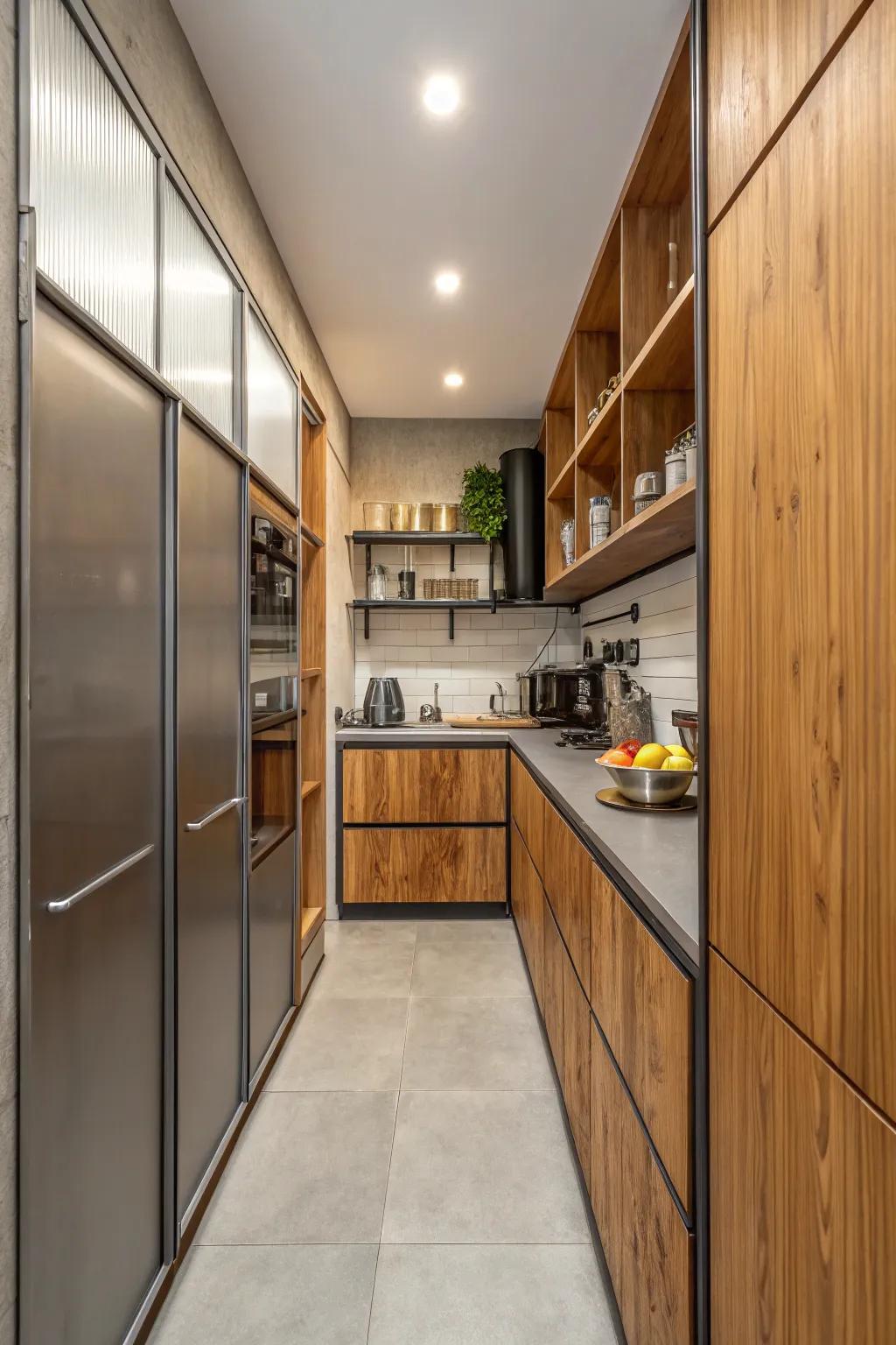 A mix of materials in slim cabinets that adds both texture and visual interest.