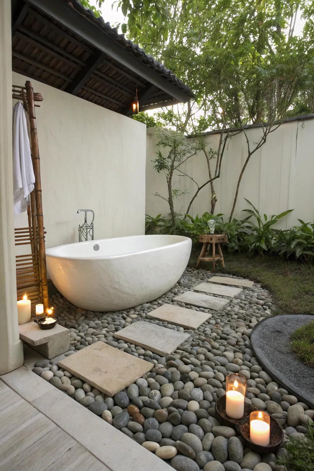 Find inner peace in a zen retreat accompanied by a calming bathtub setup.