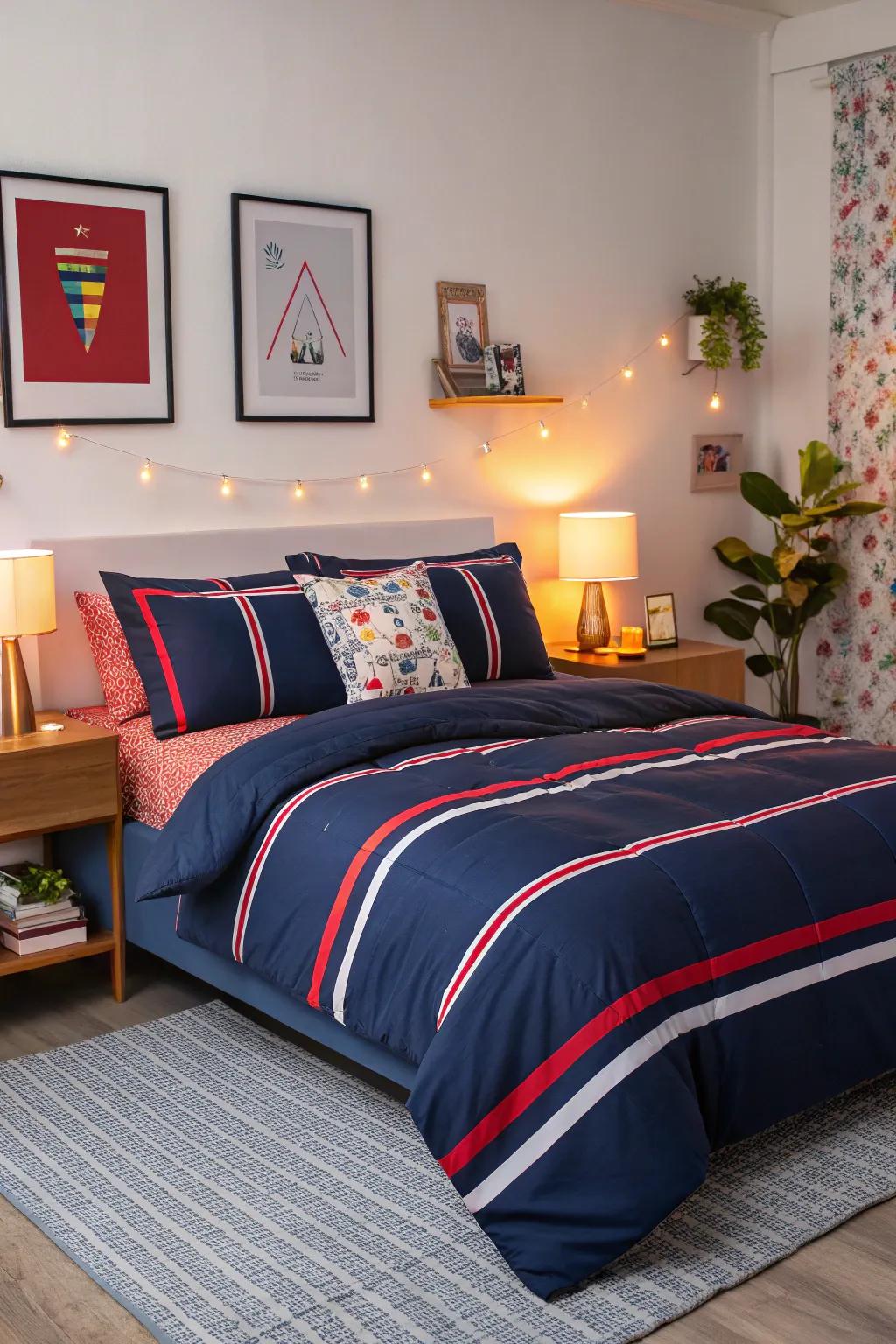 Incorporate lively contrast with dark blue bedding featuring bold stripes.