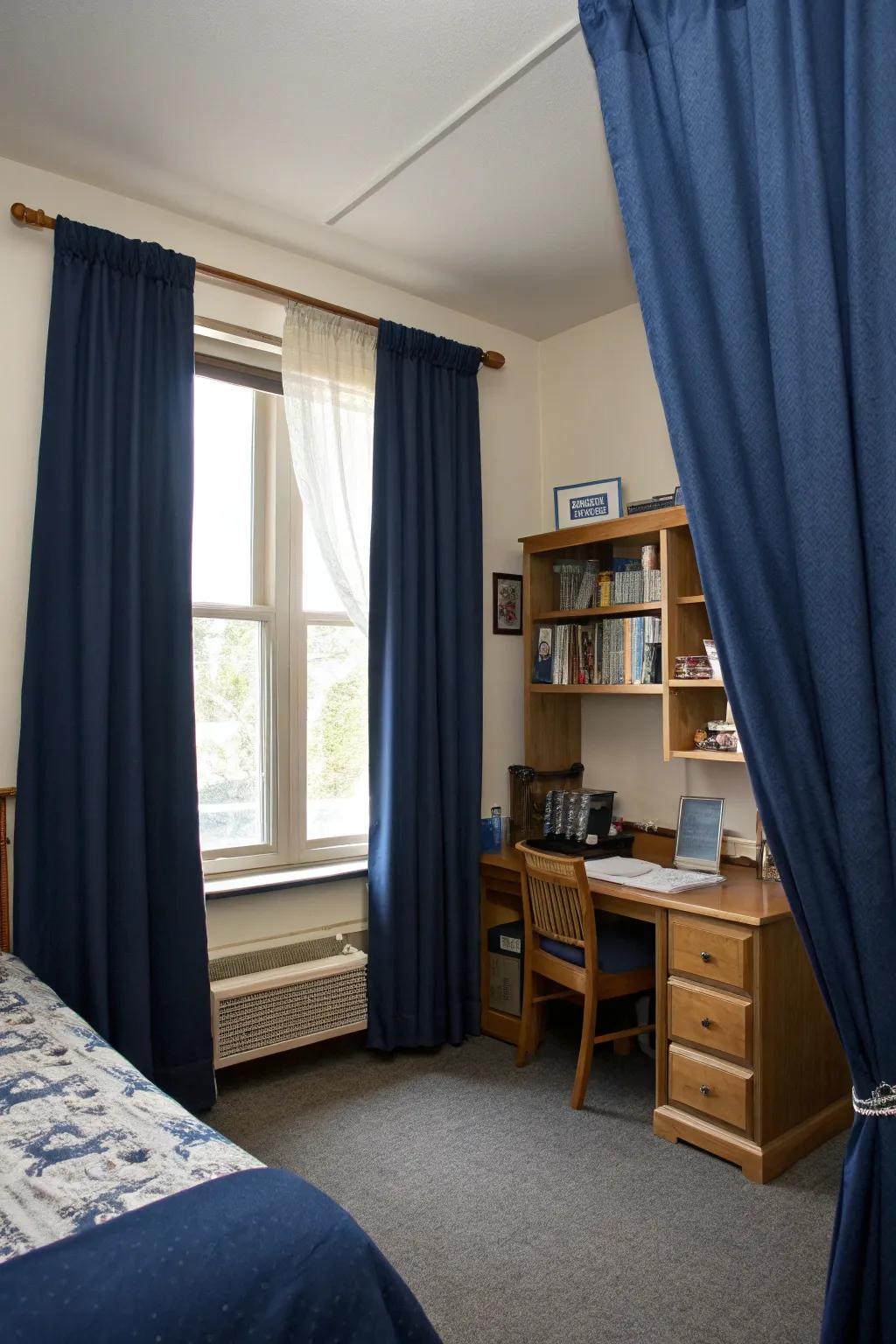 Navy curtains add privacy and style.