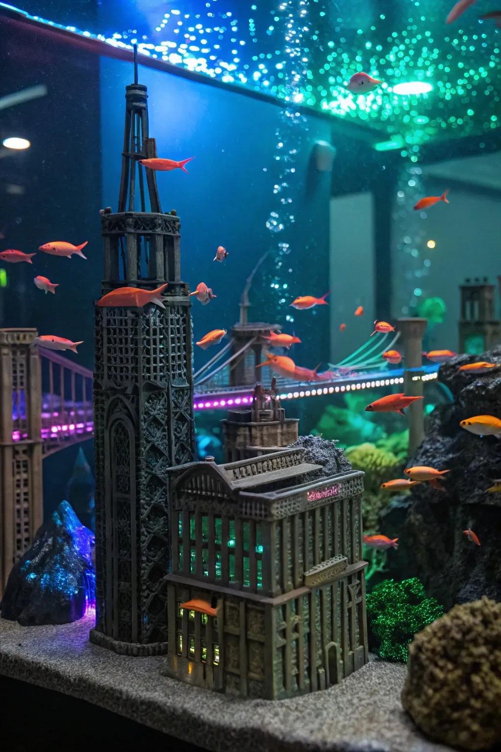A themed setting featuring fluorescent elements adds personality to this aquarium.