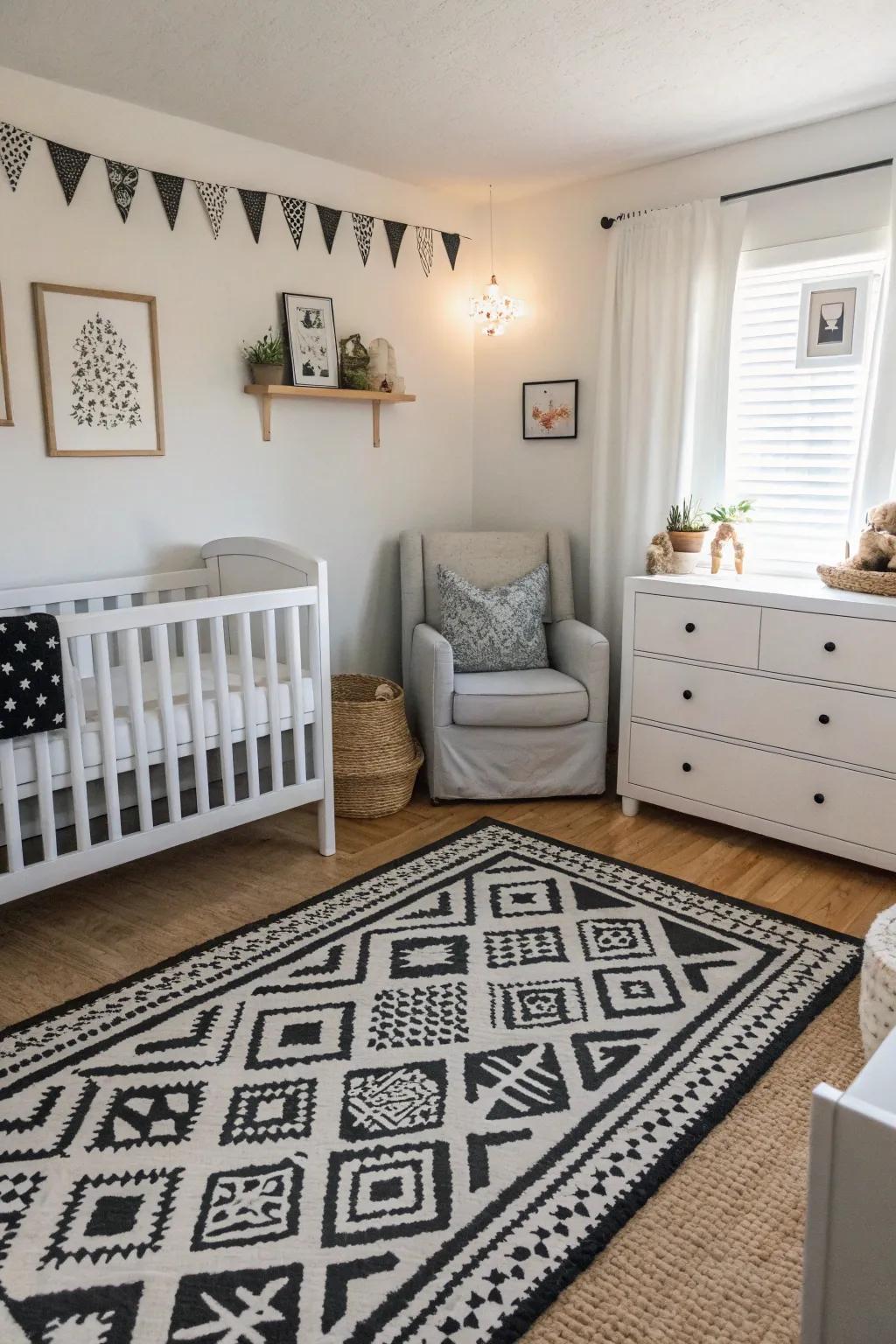 A nursery showcasing a stylish ebony and ivory theme.
