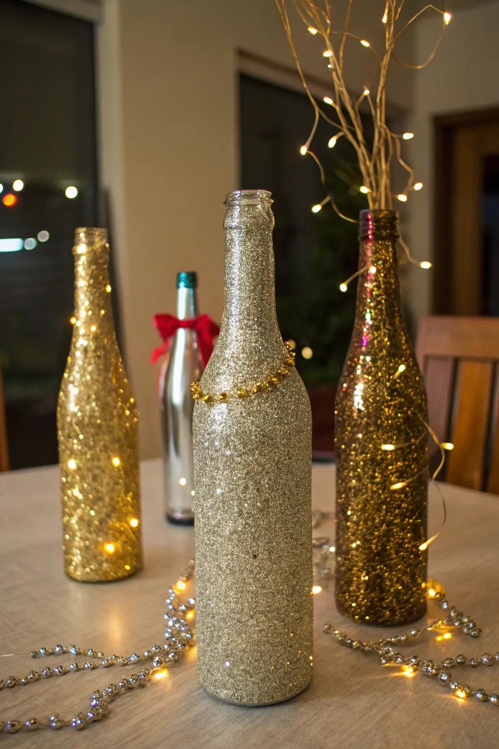Homemade sparkle vessels introduce a shimmering touch to the New Year's Eve decor.