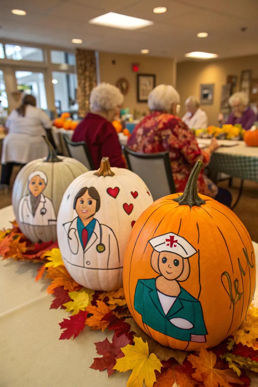 Healthcare heroes are honored by a pumpkin medical team.