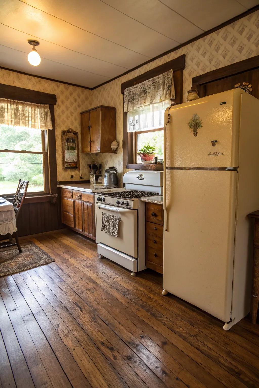 Vintage kitchen elements adding character to oak floors.