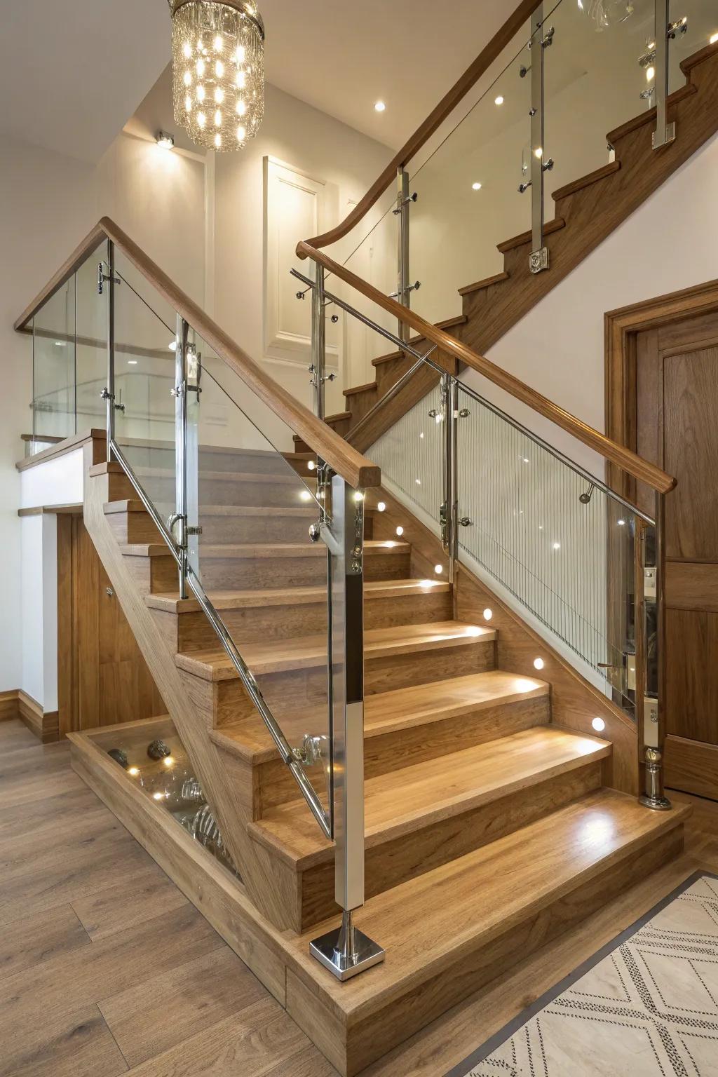 A unique staircase design featuring a blend of materials.