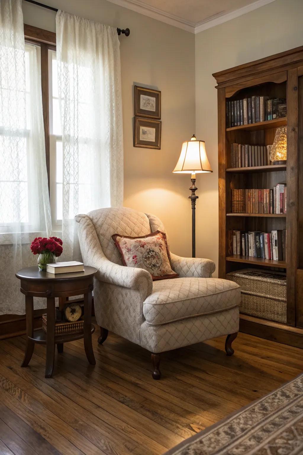 A cozy corner invites relaxation on light oak floors.