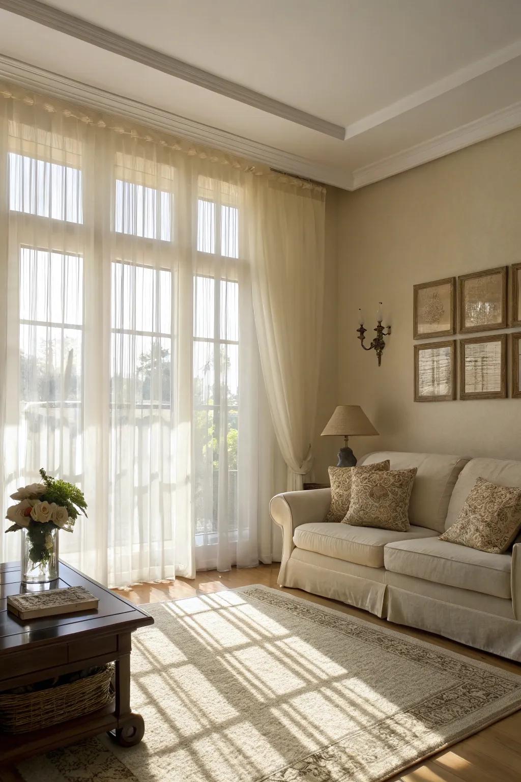 Transparent drapes enhance the light and airy atmosphere.