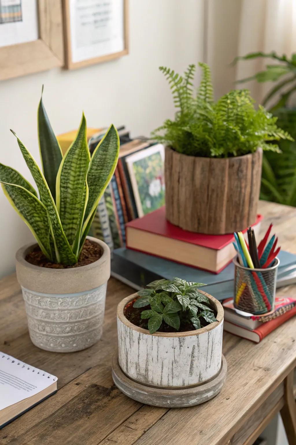 With a combination of rustic and modern planters, you can combine designs.