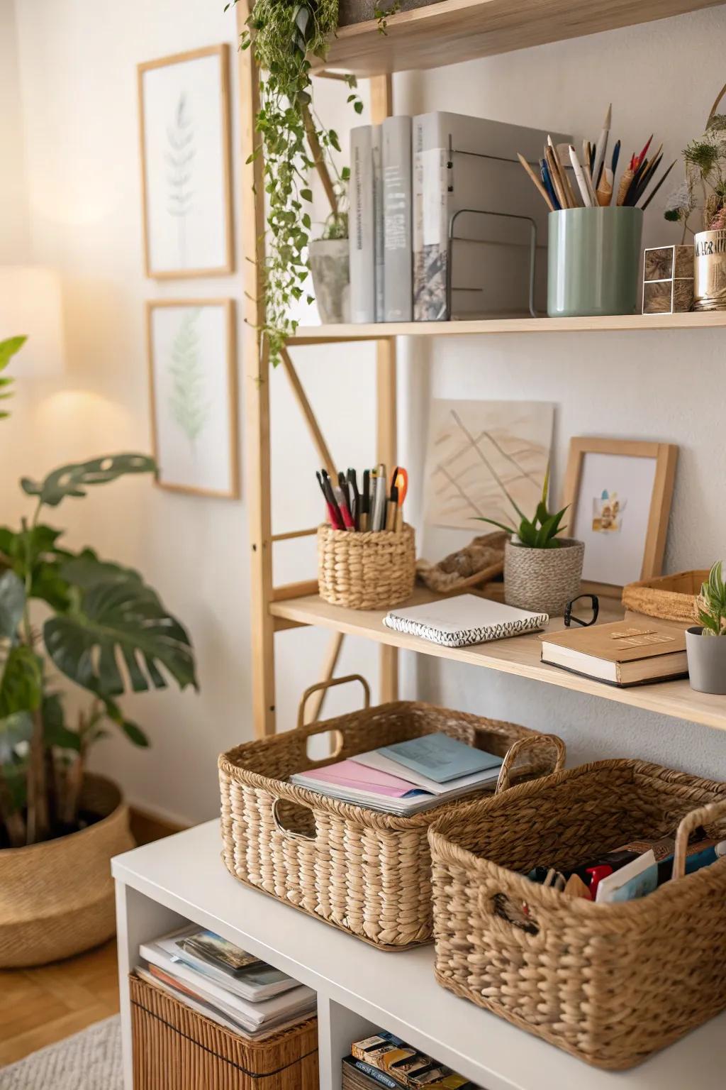 Decorative baskets add personality and functionality to storage.