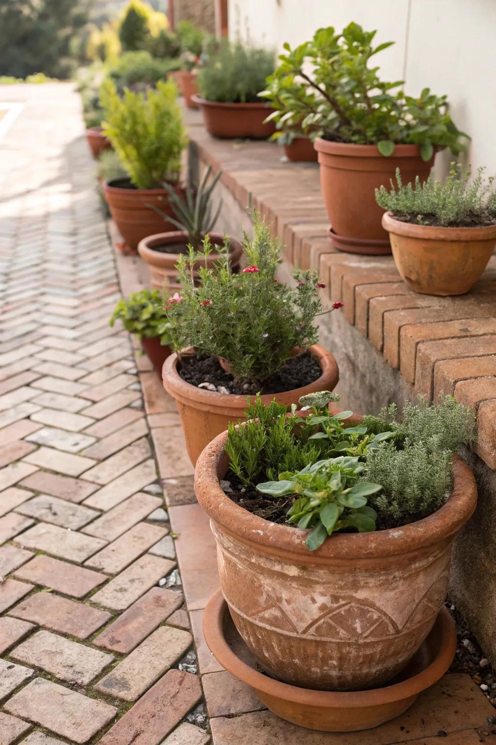 Earthenware containers introduce warmth and charm to the patio