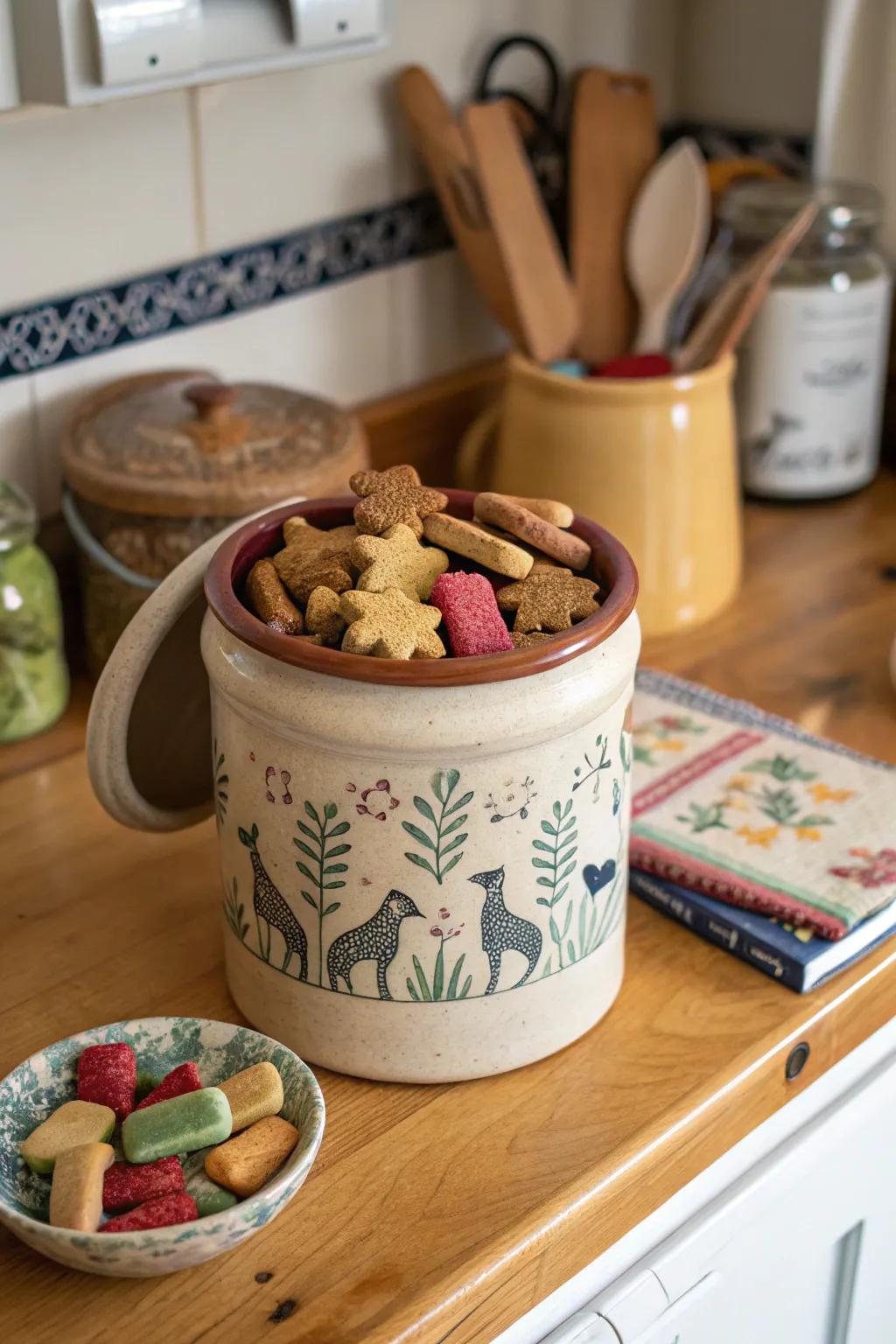 Keep pet snacks in a vintage jug for stylish storage.