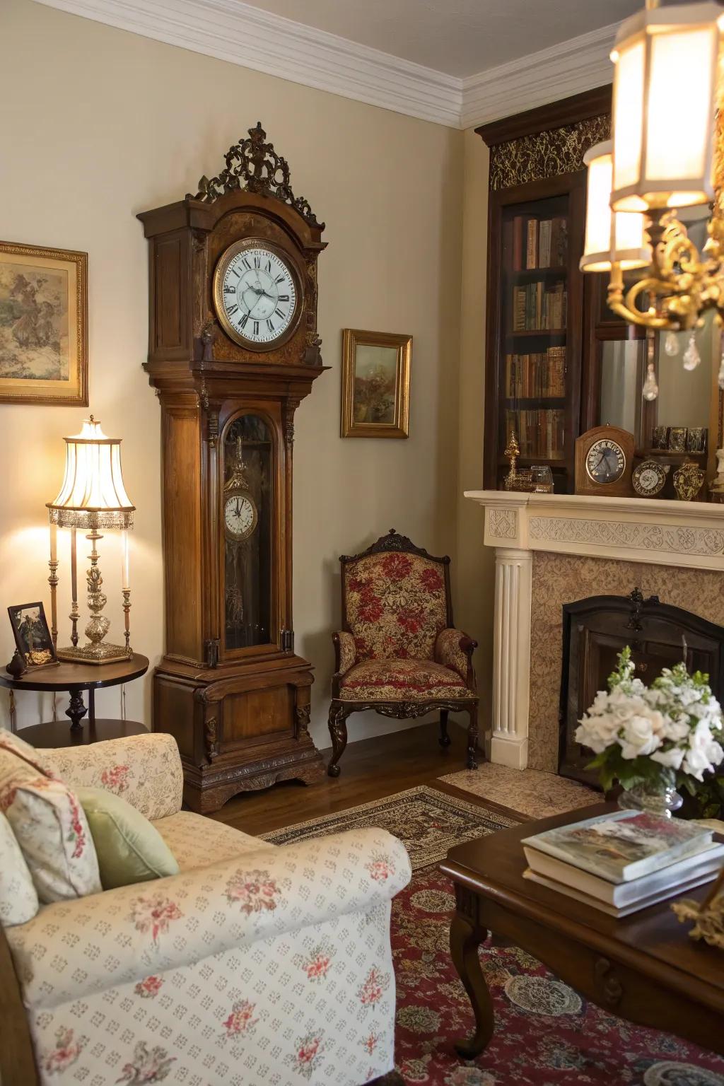 Period timepieces add charm and function.