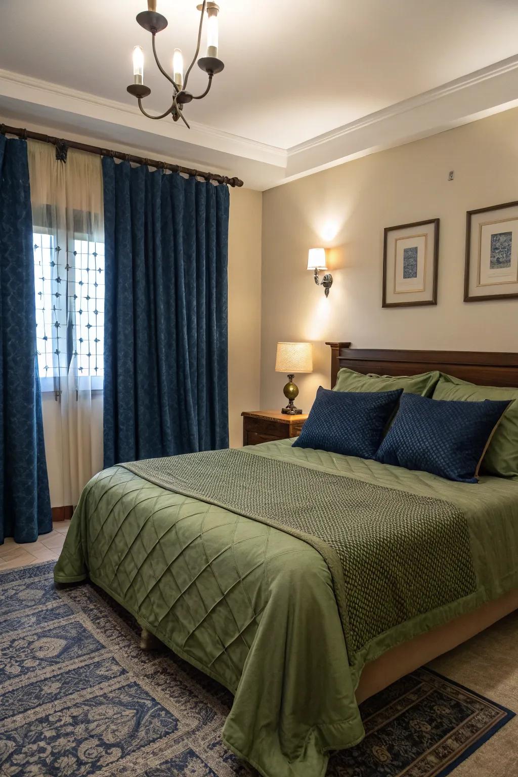 Deep blues enhance the sophisticated tone of deep moss green bedding.
