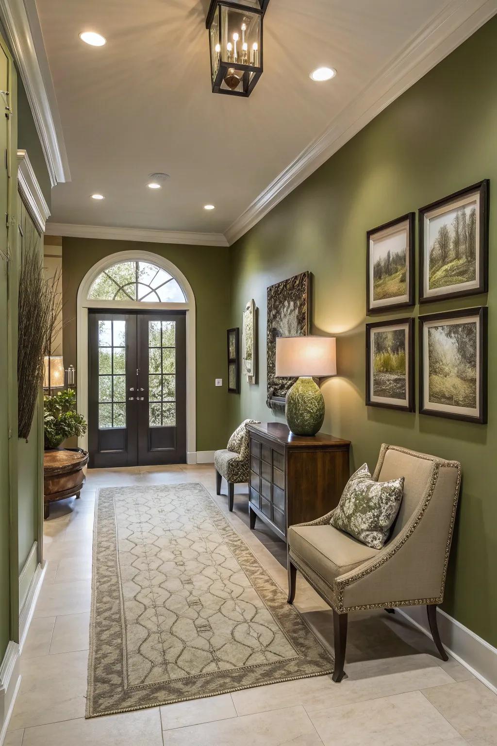 An inviting entryway with chic forest green walls.