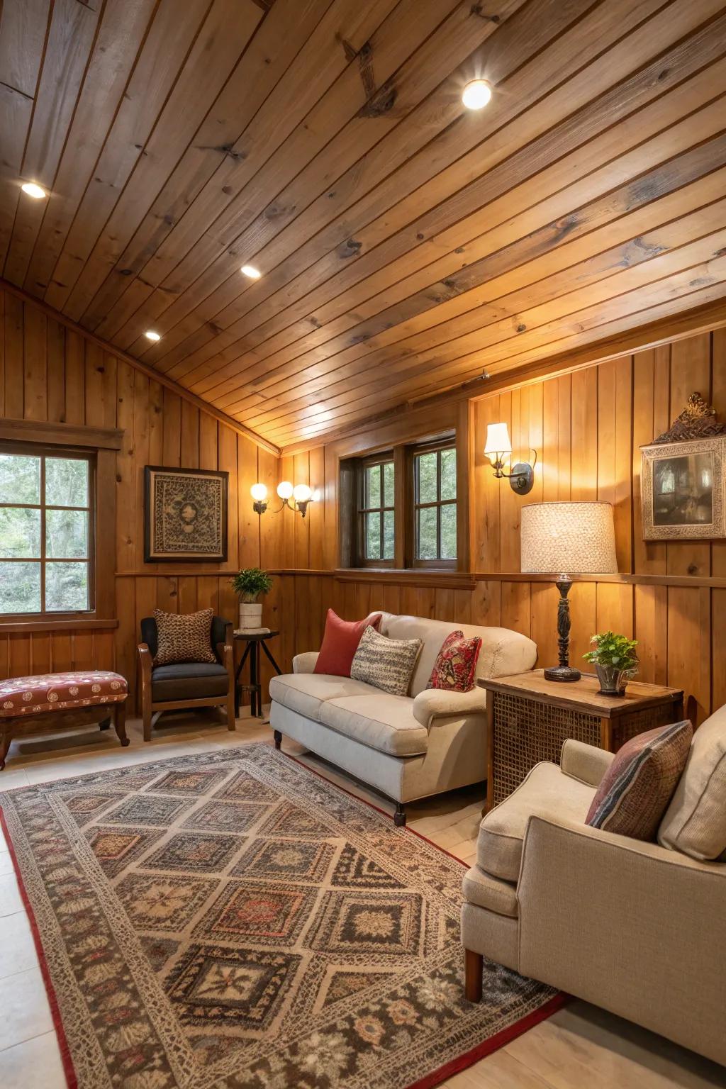 A cozy den featuring a wood-paneled ceiling that adds to the room’s warmth.