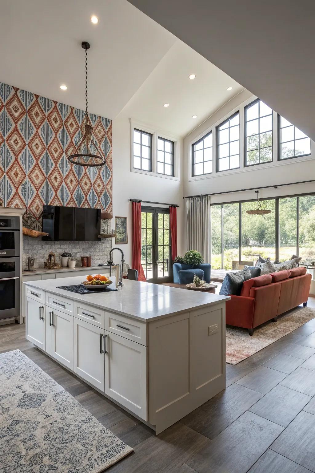 A feature wall adds drama and focus to an open-concept area.