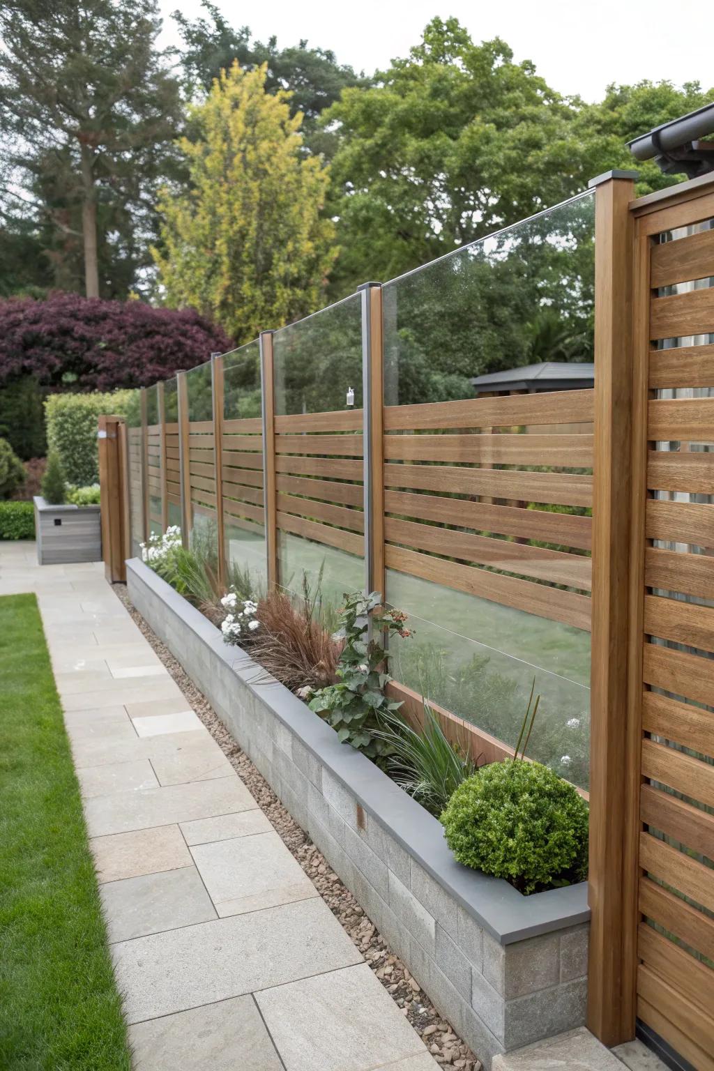 Achieve a modern look with a combination of glass and wood in fencing.
