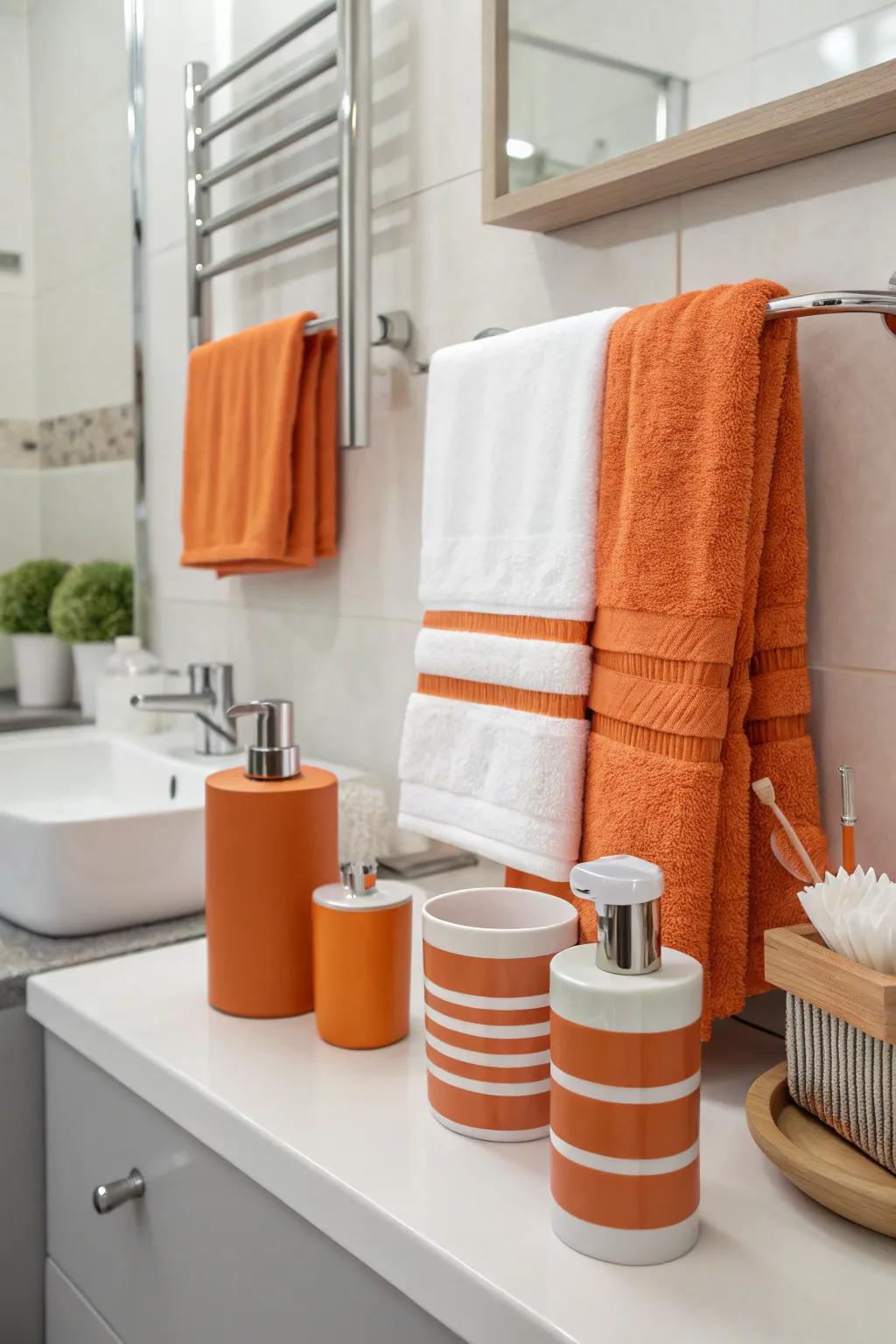 Tangerine and ivory accessories enliven a sleek, modern bathroom.