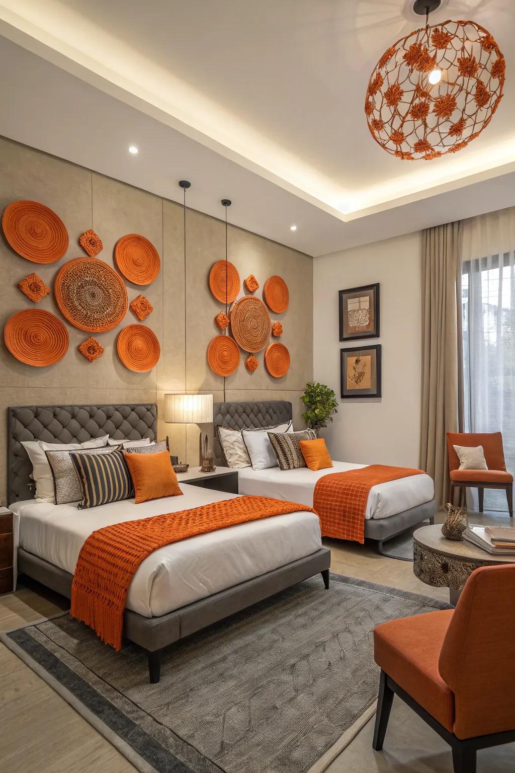 Orange art installations add an artistic flair to the bedroom.