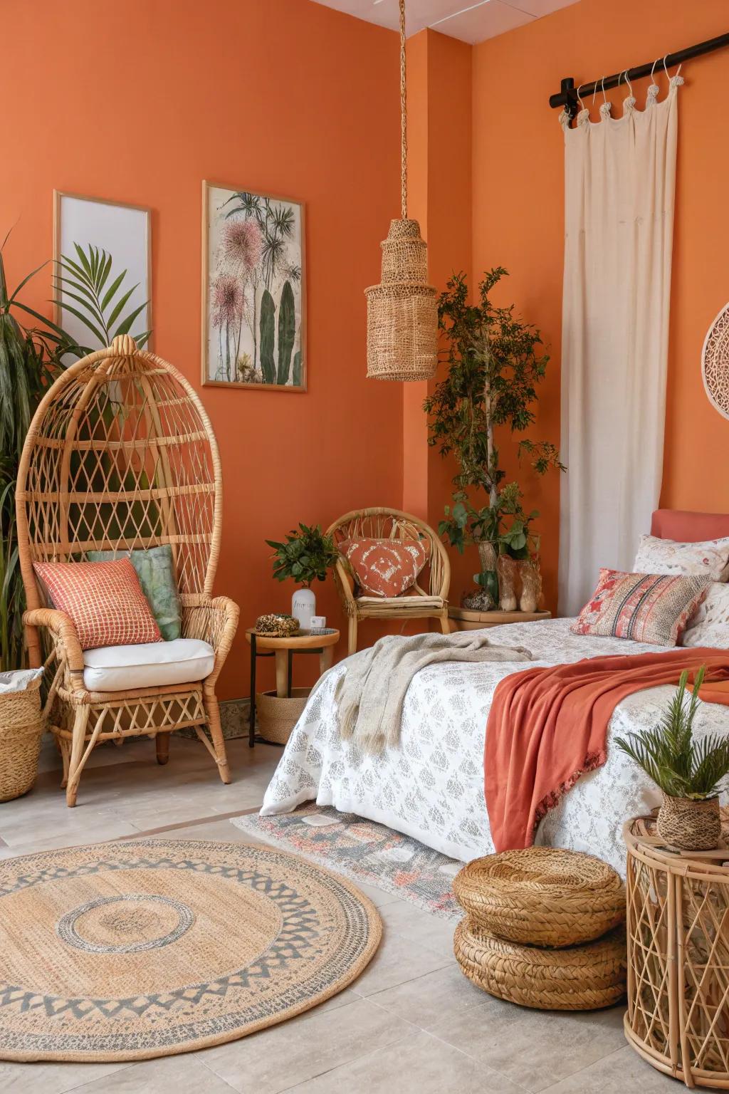 Twisted paper cord furniture enhances the earthy coziness of orange walls.