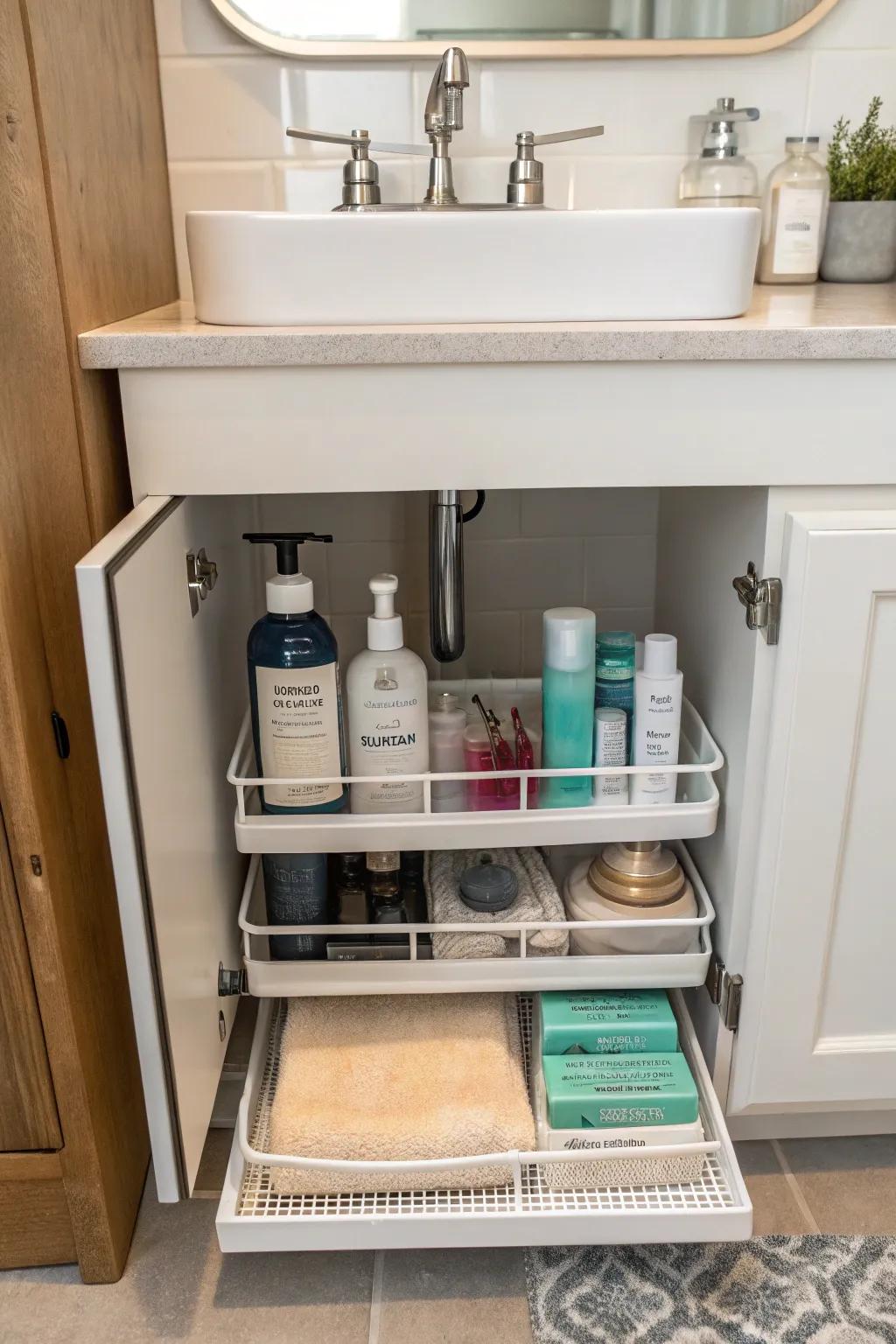 Tiered organizers maximize vertical space for simple access.