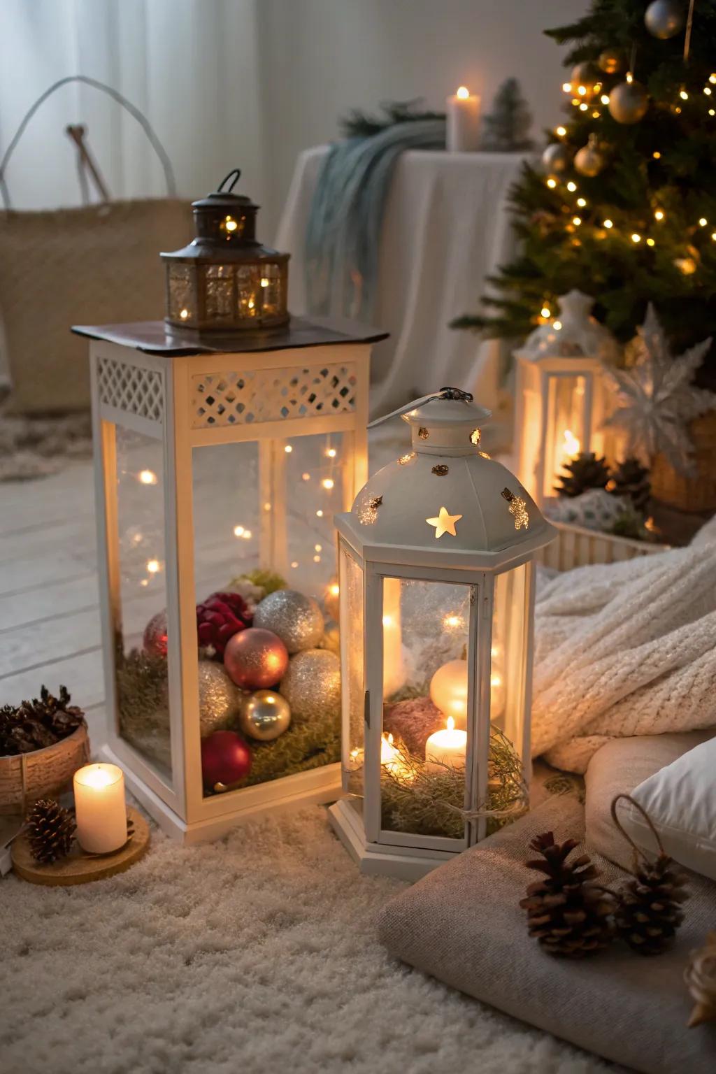 Charming lanterns filled with decorations for a cozy glow.