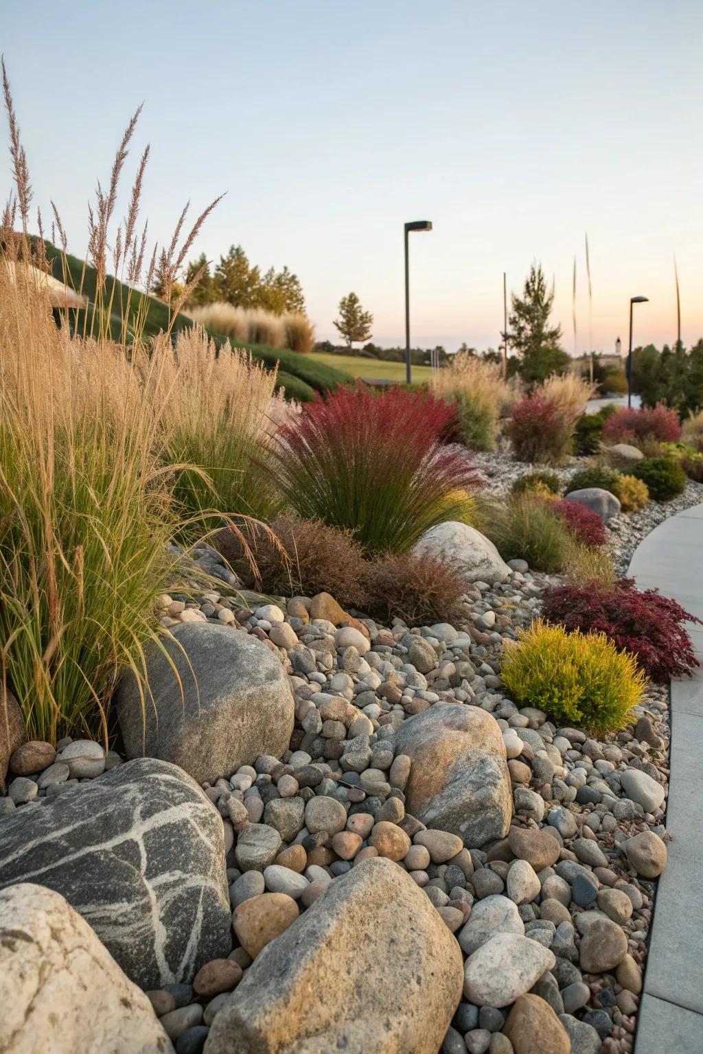 Ornamental grasses introduce textural contrast to rock garden designs.