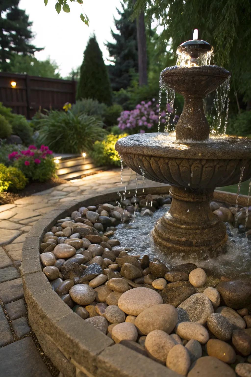 A pebble fountain creating a soothing soundscape.