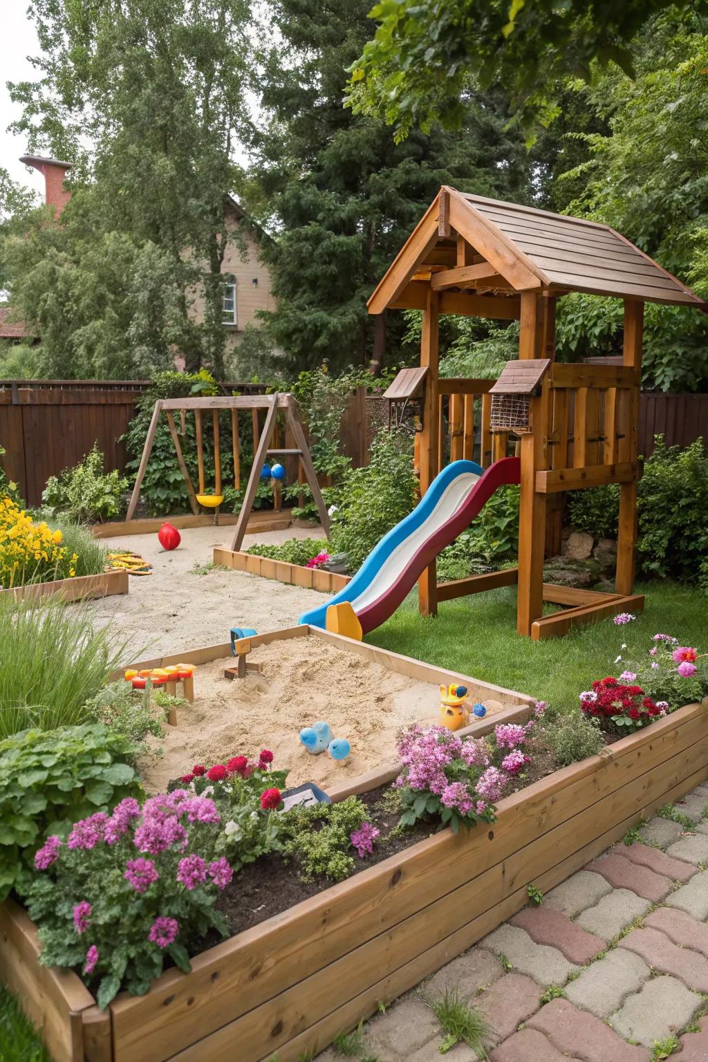 A children's play area makes the garden family-friendly.