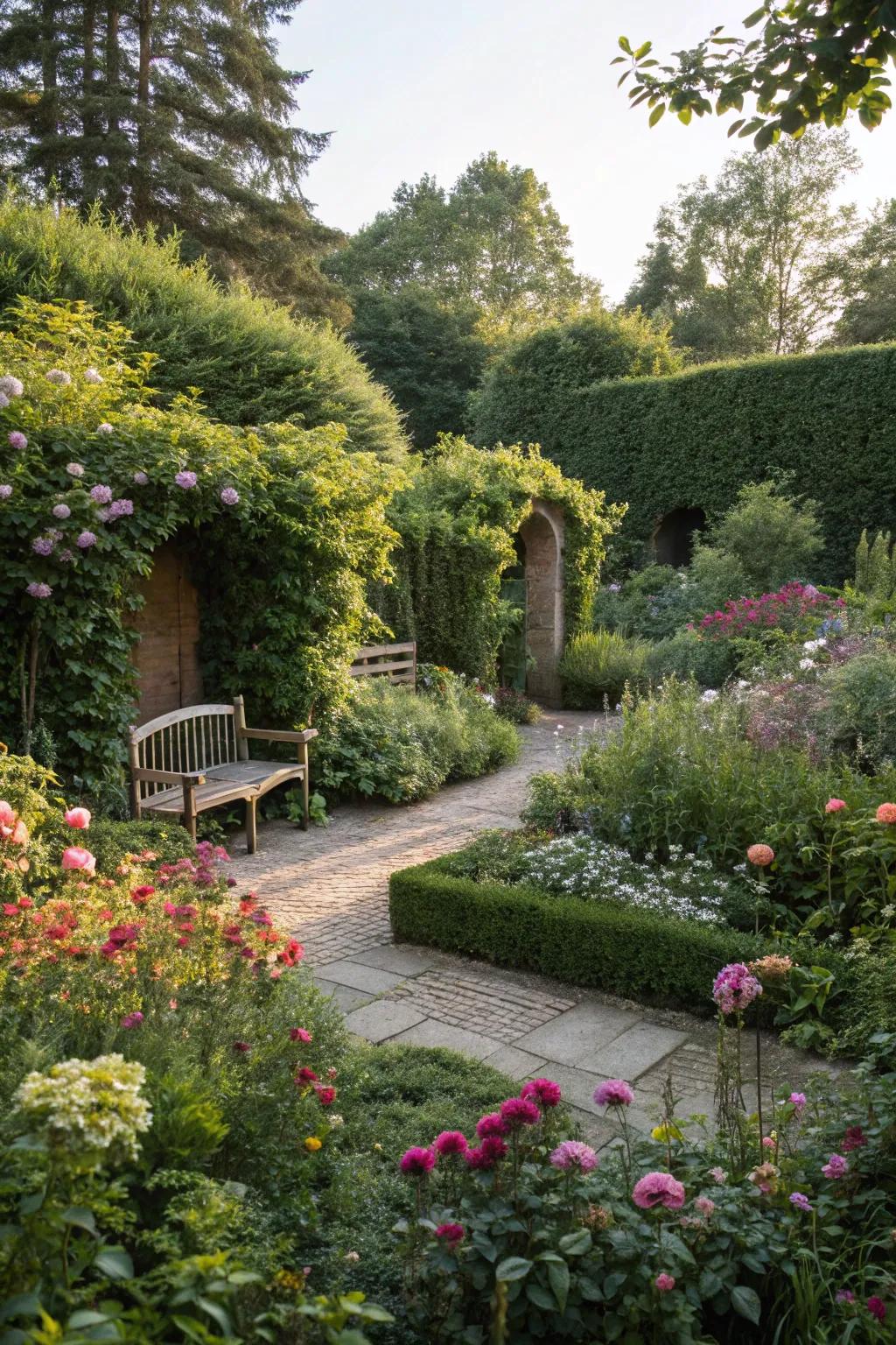 Secret garden nooks provide cozy, private retreats.